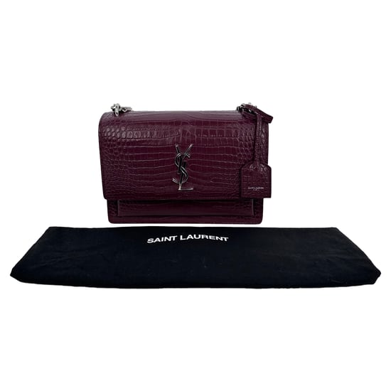 Saint Laurent Medium Sunset Croc-Embossed Shoulder Bag in Burgundy Leather - Image 3