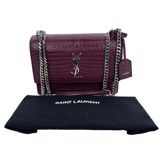 Saint Laurent Medium Sunset Croc-Embossed Shoulder Bag in Burgundy Leather - Image 4
