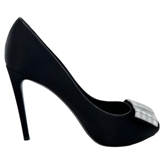 Louis Vuitton Crystal-Embellished Peep-Toe Pumps in Black Satin - Image 1