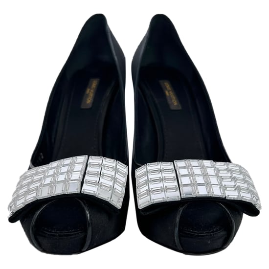 Louis Vuitton Crystal-Embellished Peep-Toe Pumps in Black Satin - Image 2