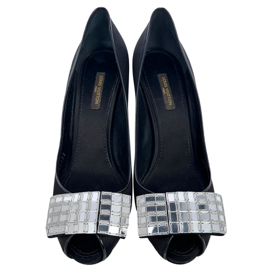 Louis Vuitton Crystal-Embellished Peep-Toe Pumps in Black Satin - Image 3