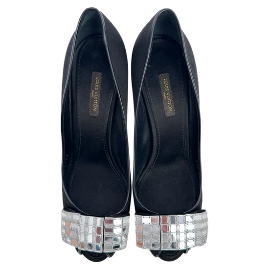 Louis Vuitton Crystal-Embellished Peep-Toe Pumps in Black Satin - Image 4