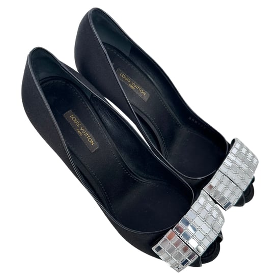 Louis Vuitton Crystal-Embellished Peep-Toe Pumps in Black Satin - Image 5