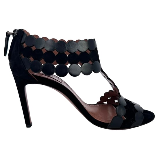 Alaïa Scalloped T-Strap Sandal Heels in Black Suede - Image 1
