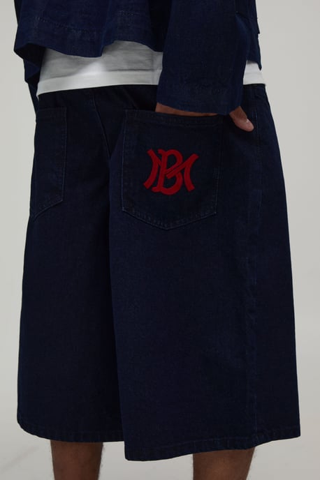 Varsity Embroidered Longline Denim Jorts - Image 3