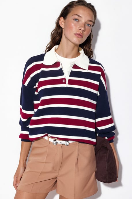 Striped Polo Collar Knit Sweater - Image 1
