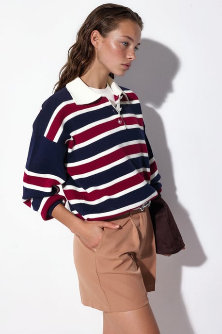 Striped Polo Collar Knit Sweater - Image 2