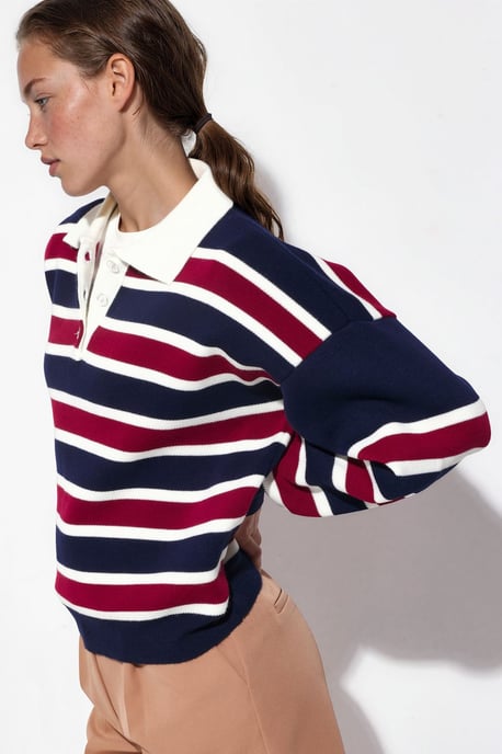 Striped Polo Collar Knit Sweater - Image 3