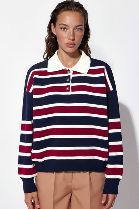 Striped Polo Collar Knit Sweater - Image 5