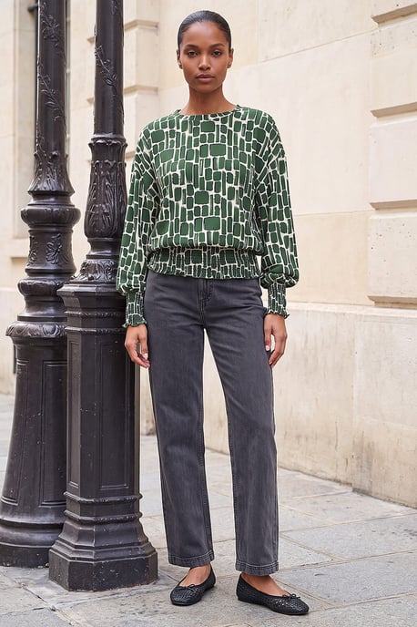 Geometric Print Shirred Hem Top - Image 2