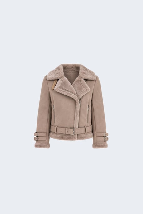 Paige Faux-Shearling Biker Jacket Pale Pink Grey - Image 5
