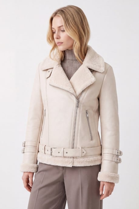 Ines Faux-Shearling Biker Jacket Beige - Image 1