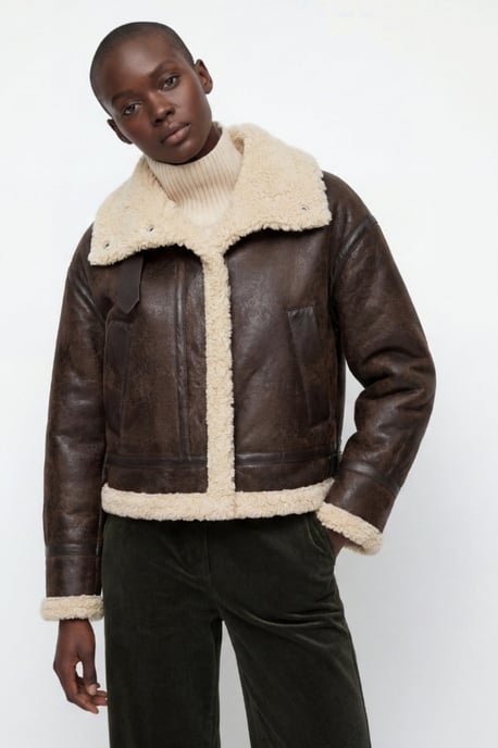 Sydney Cropped Faux-Shearling Aviator Jacket Brown - Image 1