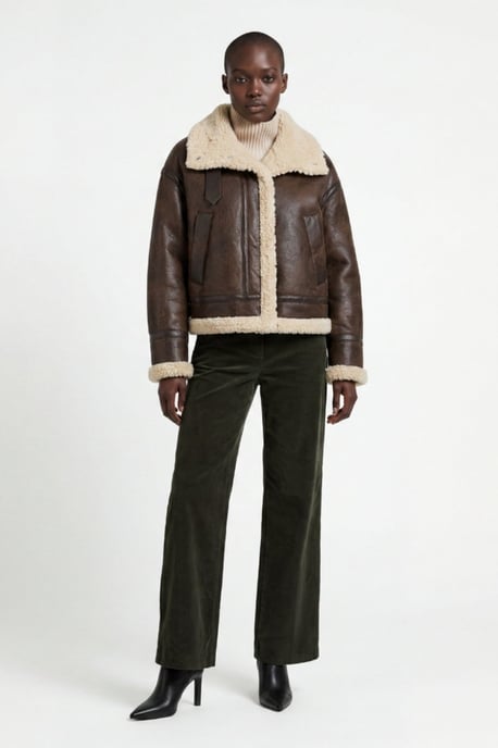 Sydney Cropped Faux-Shearling Aviator Jacket Brown - Image 2