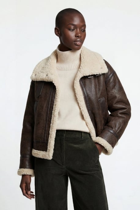 Sydney Cropped Faux-Shearling Aviator Jacket Brown - Image 3