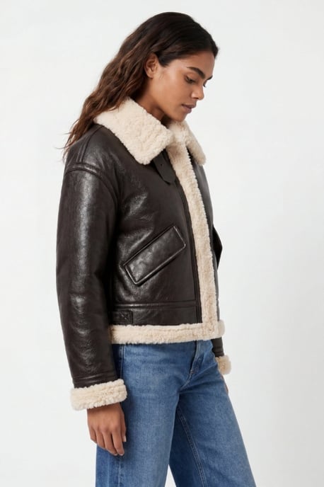 Jocelyn Faux-Shearling Aviator Jacket Brown - Image 2