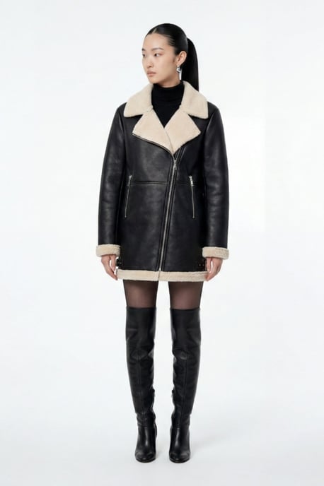 Keira Longline Faux-Shearling Biker Coat Black - Image 1