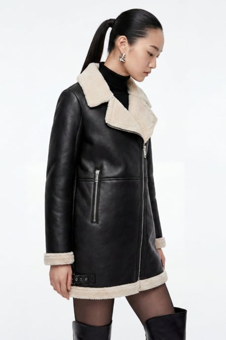 Keira Longline Faux-Shearling Biker Coat Black - Image 2