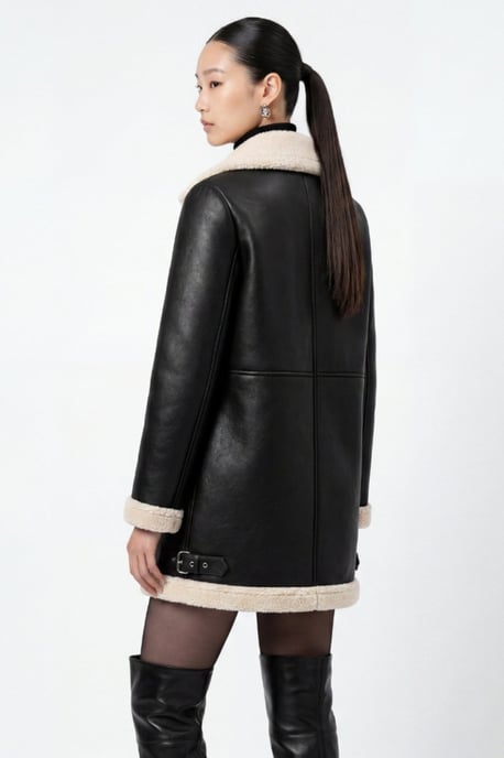 Keira Longline Faux-Shearling Biker Coat Black - Image 3