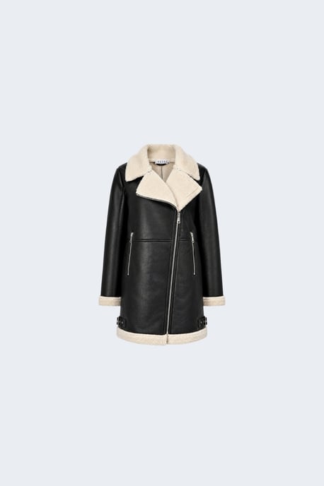 Keira Longline Faux-Shearling Biker Coat Black - Image 4