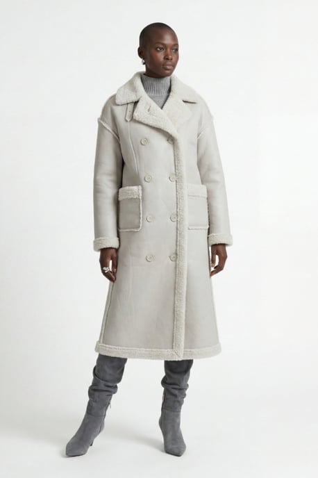 Morgan Double-Breasted Faux-Shearling Coat Grey - Image 1