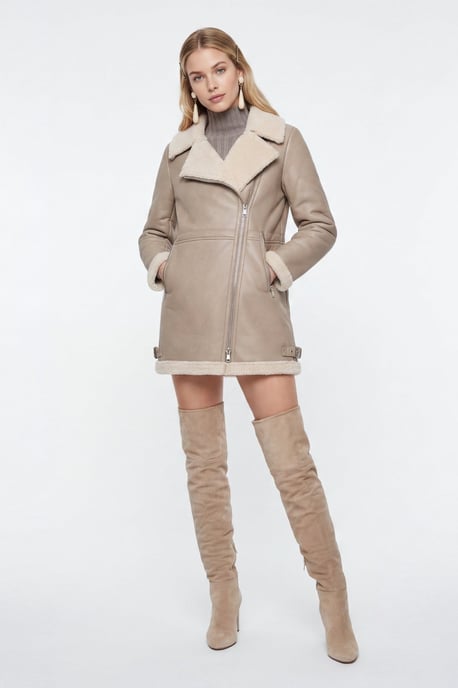 Keira Longline Faux-Shearling Biker Coat Beige - Image 1
