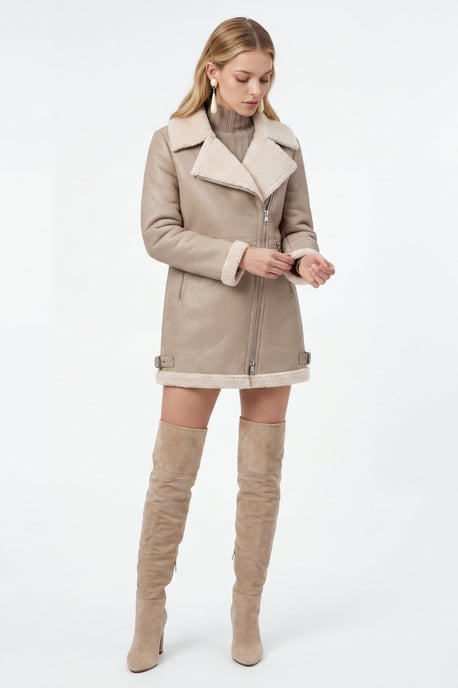 Keira Longline Faux-Shearling Biker Coat Beige - Image 2