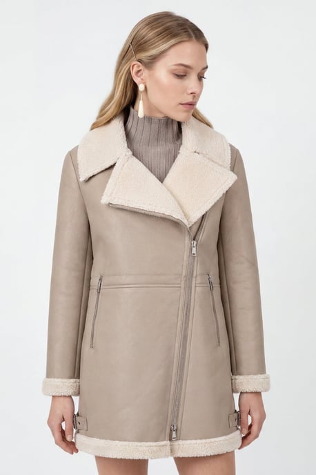 Keira Longline Faux-Shearling Biker Coat Beige - Image 3