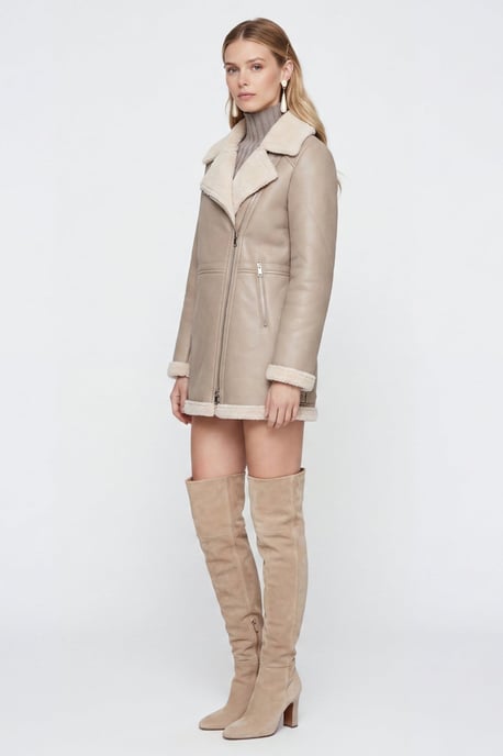 Keira Longline Faux-Shearling Biker Coat Beige - Image 4