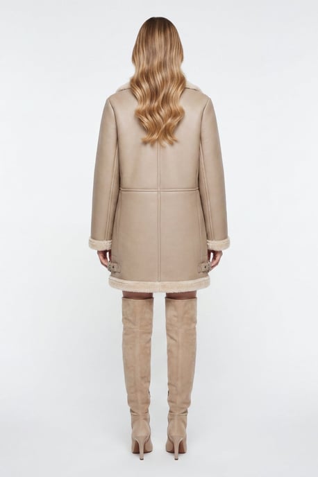 Keira Longline Faux-Shearling Biker Coat Beige - Image 5