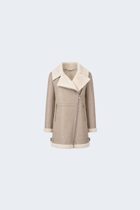 Keira Longline Faux-Shearling Biker Coat Beige - Image 6