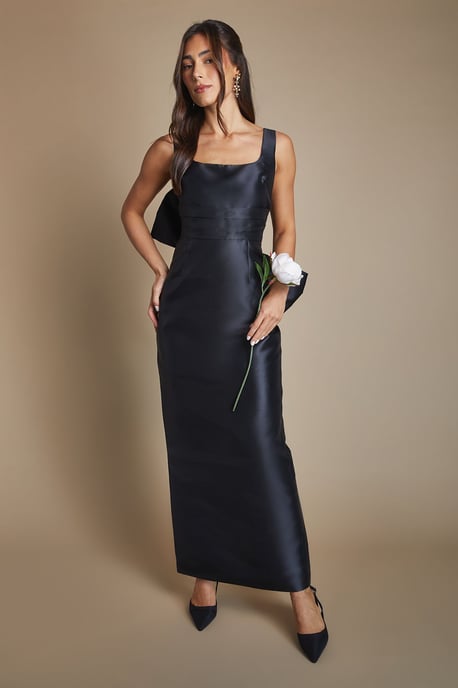 Twill Sleeveless Column Bridesmaid Dress with Statement Bow Back - Image 1