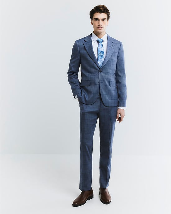 River Island Mens Suit Jacket Blue Check Skinny Collared - Image 3
