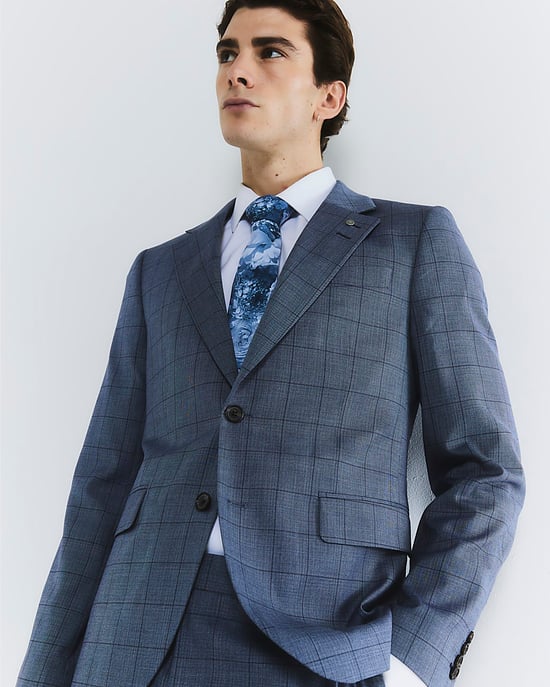 River Island Mens Suit Jacket Blue Check Skinny Collared - Image 4
