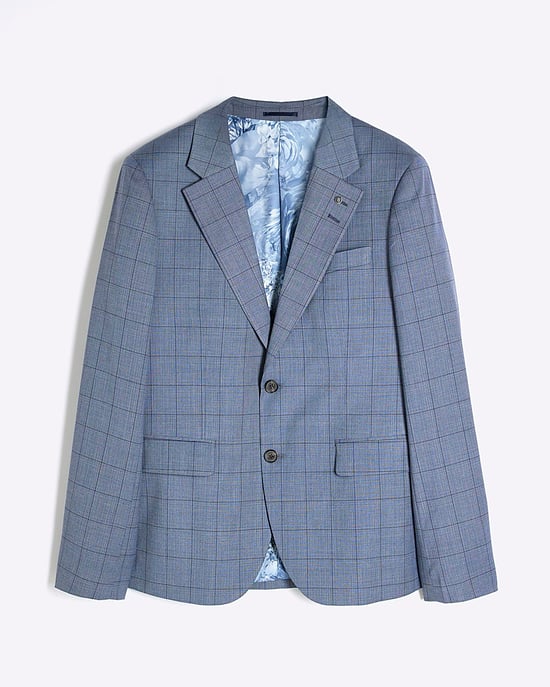 River Island Mens Suit Jacket Blue Check Skinny Collared - Image 6