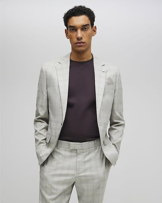 River Island Mens Suit Jacket Beige Skinny Fit Stretch Check Collared - Image 1