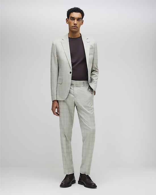 River Island Mens Suit Jacket Beige Skinny Fit Stretch Check Collared - Image 4