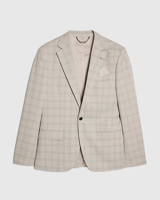 River Island Mens Suit Jacket Beige Skinny Fit Stretch Check Collared - Image 6