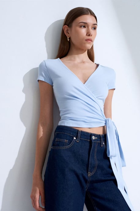 Crop Wrap Blouse With Tie Detail - Image 3