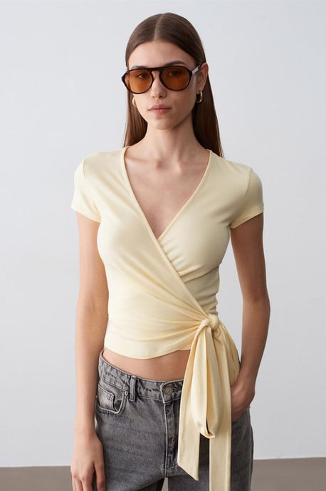 Crop Wrap Blouse With Tie Detail - Image 3