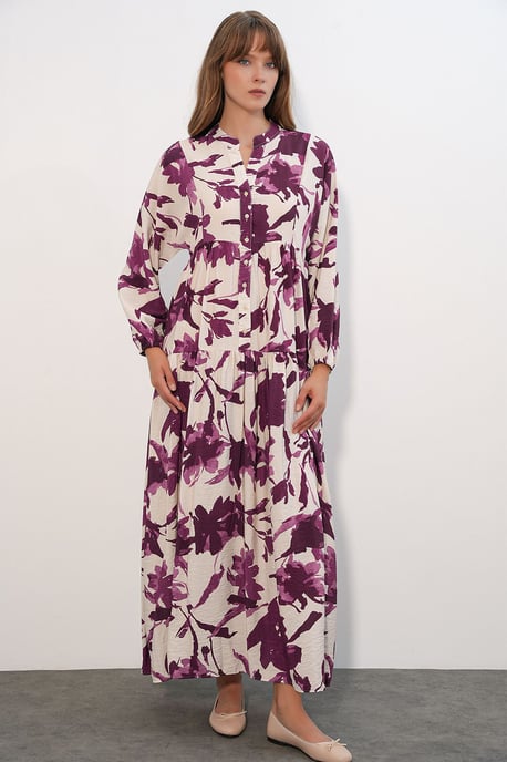 Floral Maxi Dress With Mandarin Collar - Image 1