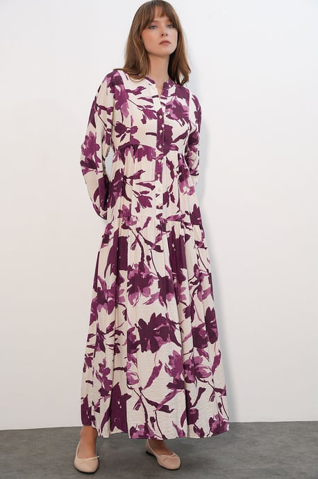 Floral Maxi Dress With Mandarin Collar - Image 4
