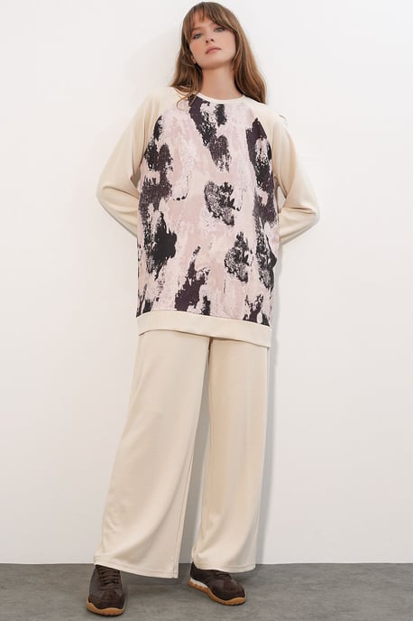 Oversize Abstract Print Crew Neck Tunic & Pants Set - Image 1