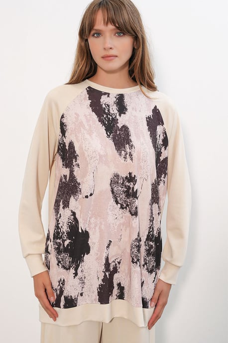 Oversize Abstract Print Crew Neck Tunic & Pants Set - Image 2