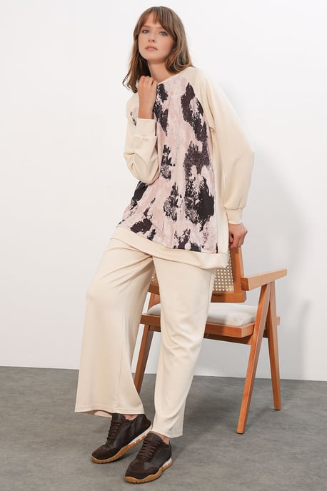 Oversize Abstract Print Crew Neck Tunic & Pants Set - Image 3