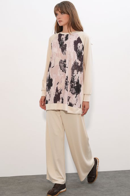 Oversize Abstract Print Crew Neck Tunic & Pants Set - Image 4