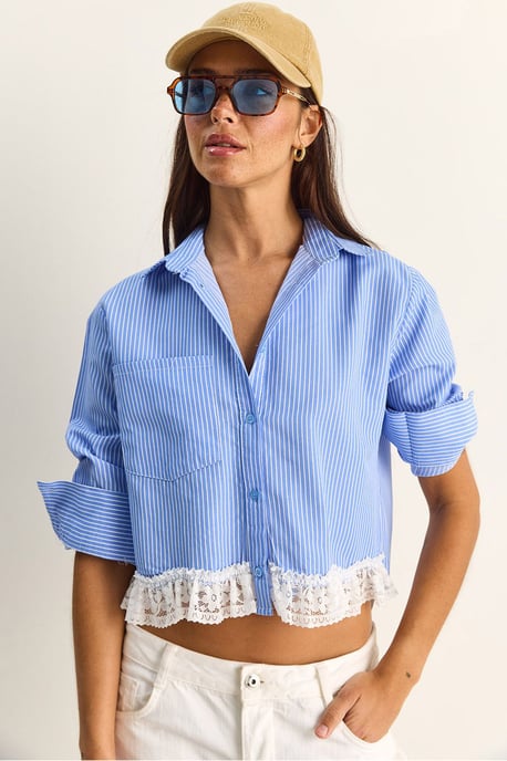 Striped Crop Button-Front Shirt - Image 1