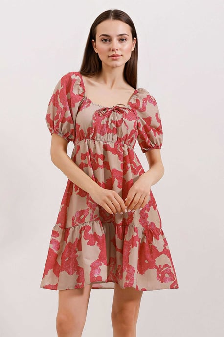 Square Neck A-Form Mini Dress with Bow - Image 1
