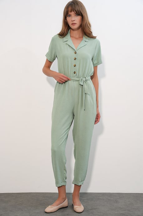 Effen Geweven Jumpsuit met Kraag en Strikdetail - Image 2