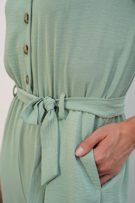Effen Geweven Jumpsuit met Kraag en Strikdetail - Image 3